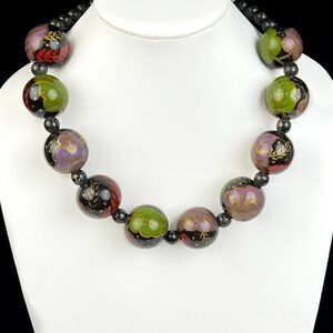 Wood Bead Necklace Hand Painted Chunky Statement Black Green Purple Floral Vtg